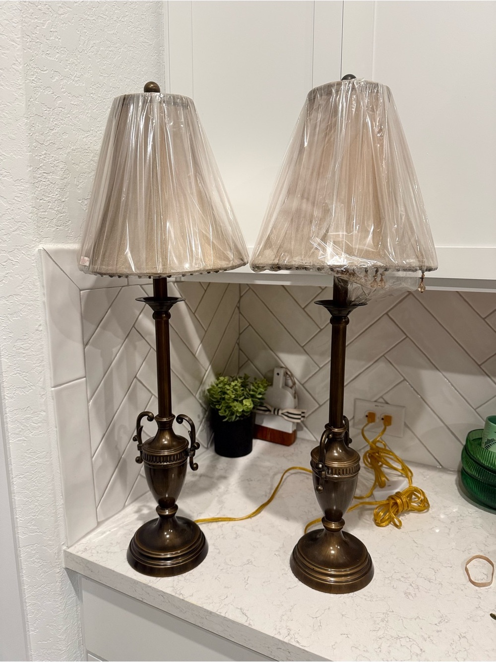 Pair of Bronze Table Lamps with Beige Shades